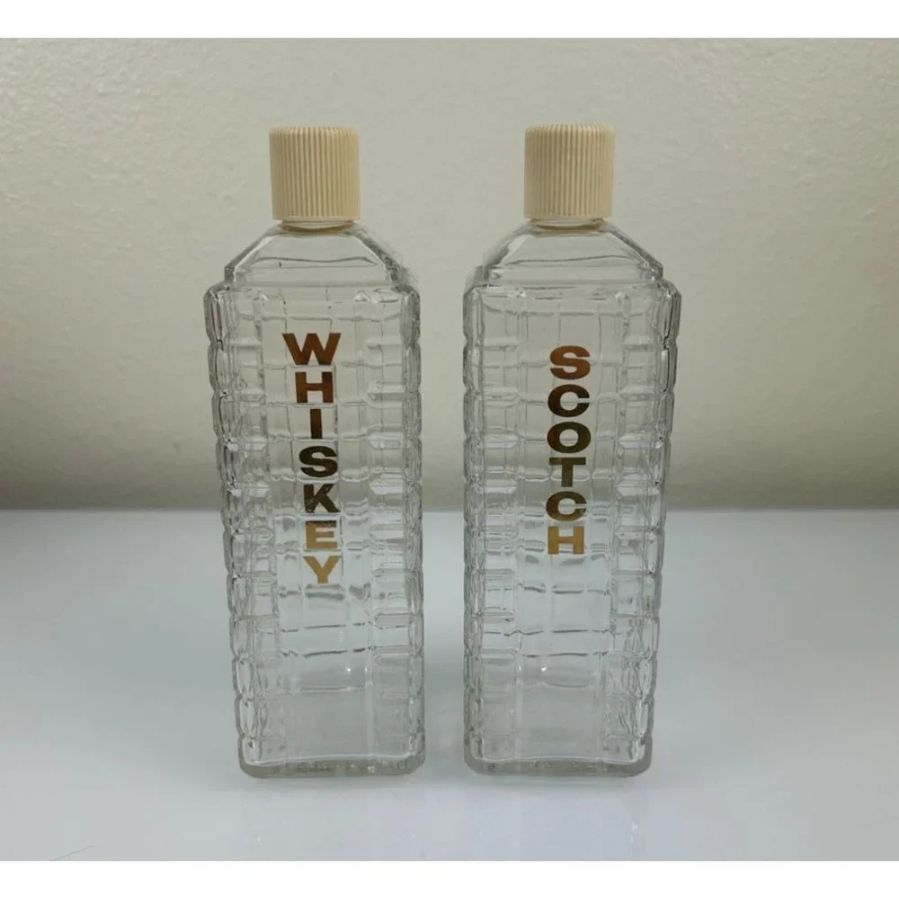 Vintage MCM Mid-Century KAROFF Whiskey & Scotch Clear Glass Barware Bottles